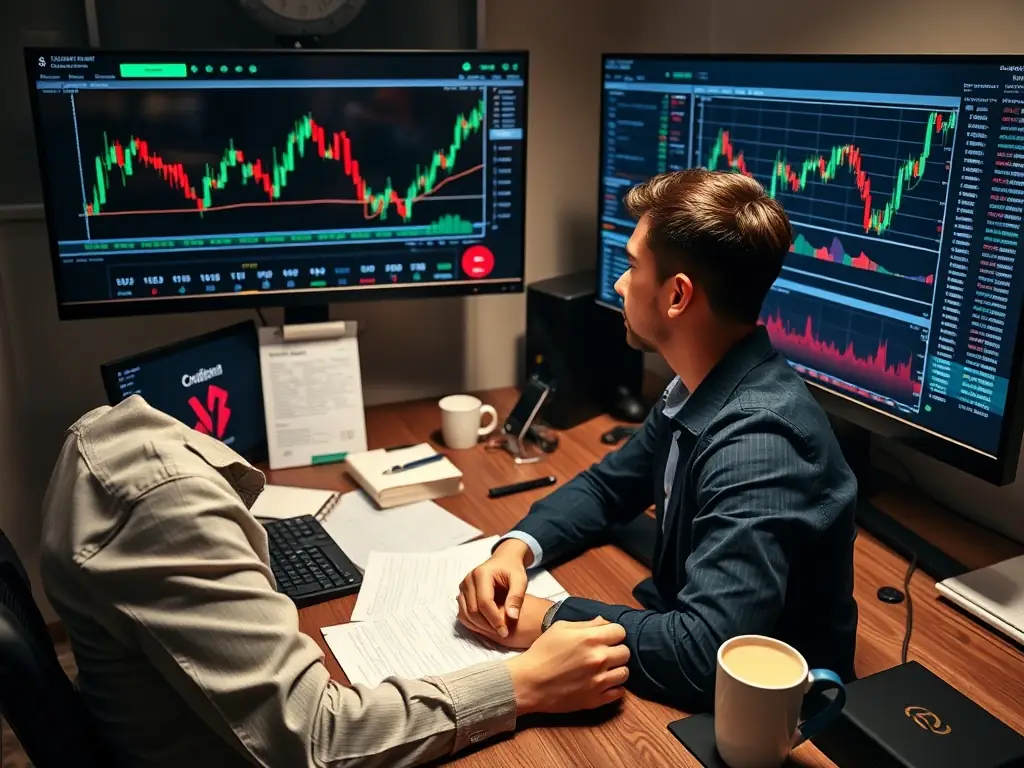A professional investor using a sophisticated analytics dashboard to monitor cryptocurrency investments, with charts and graphs displaying real-time data and performance metrics, set against a clean, modern background.