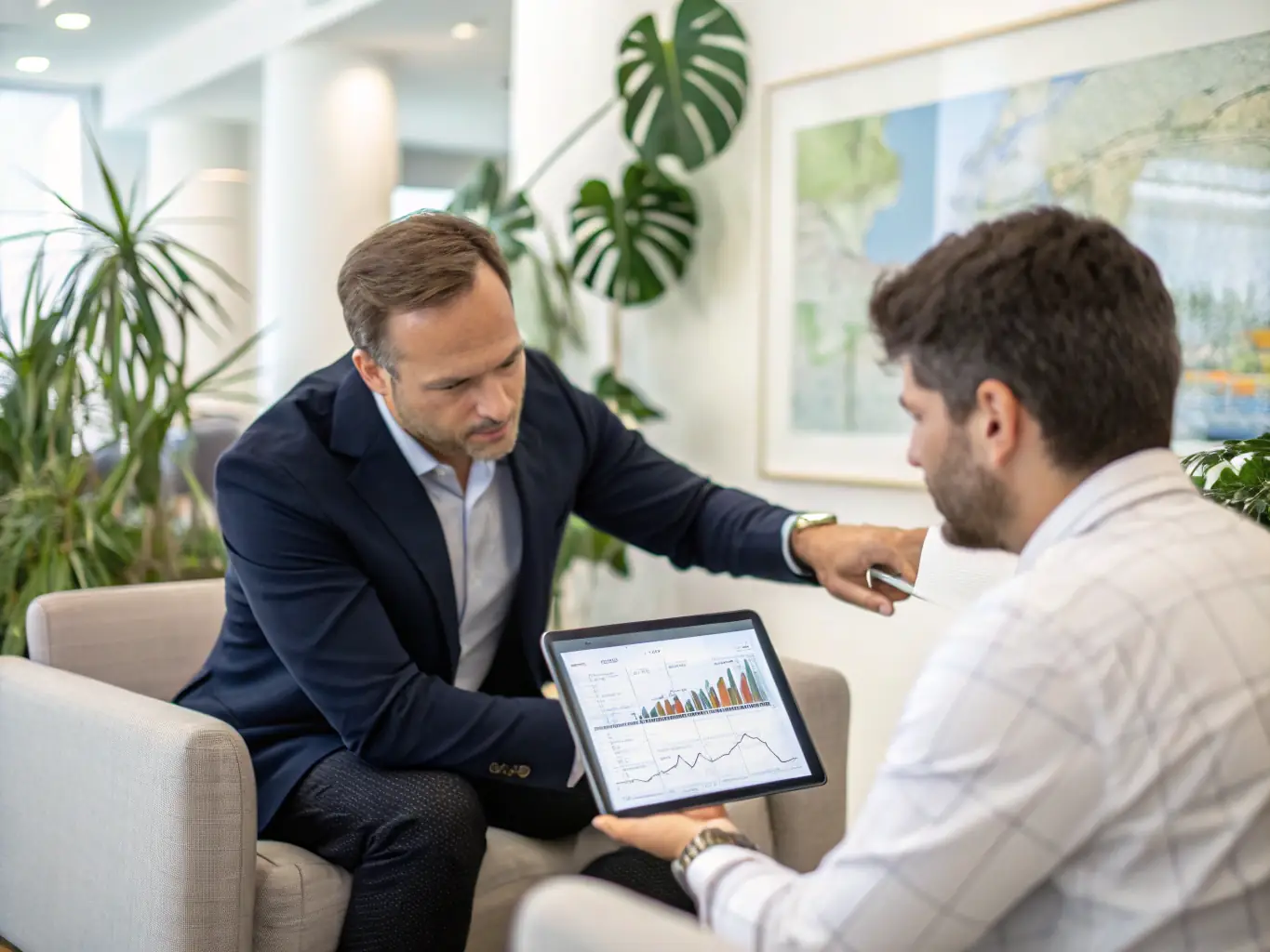 A dedicated financial advisor providing personalized investment advice to a client, with charts and graphs illustrating potential growth scenarios, set in a modern office environment.